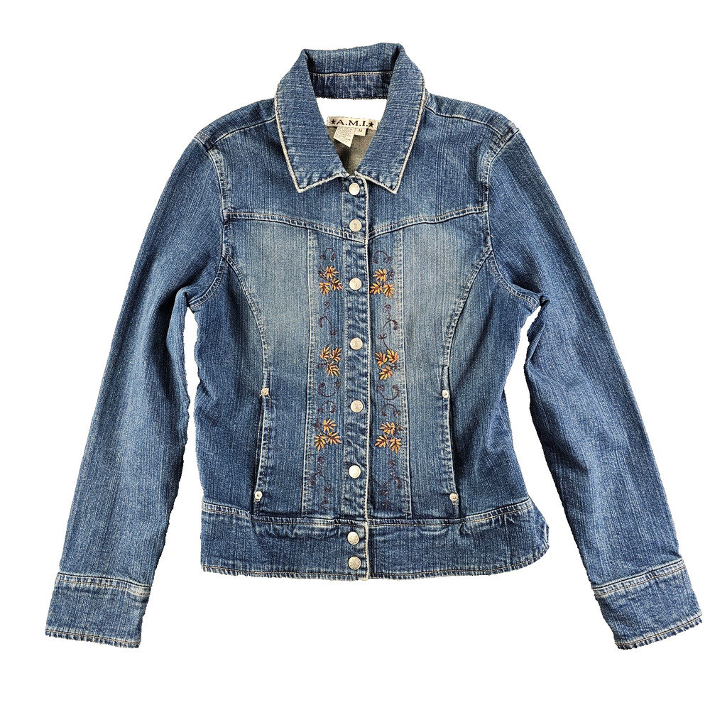AMI Denim Jean Jacket Embroidered Womens M Fitted Denim Fall Leaves Scroll Y2K